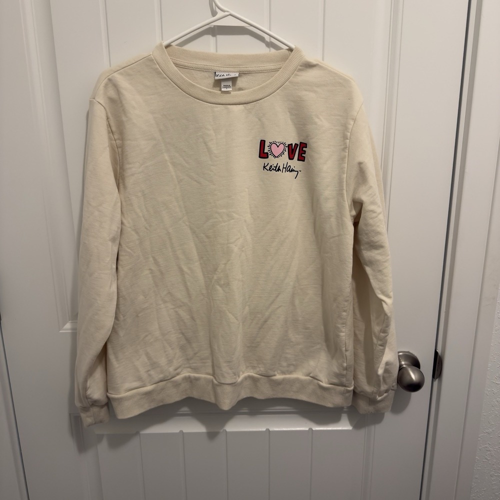 Keith Haring Women's Graphic Sweatshirt Cream‎ Love Design Size Large
